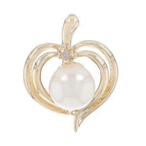 Yellow Gold Cultured Pearl & Diamond Heart Leaf Pendant - 14k Love